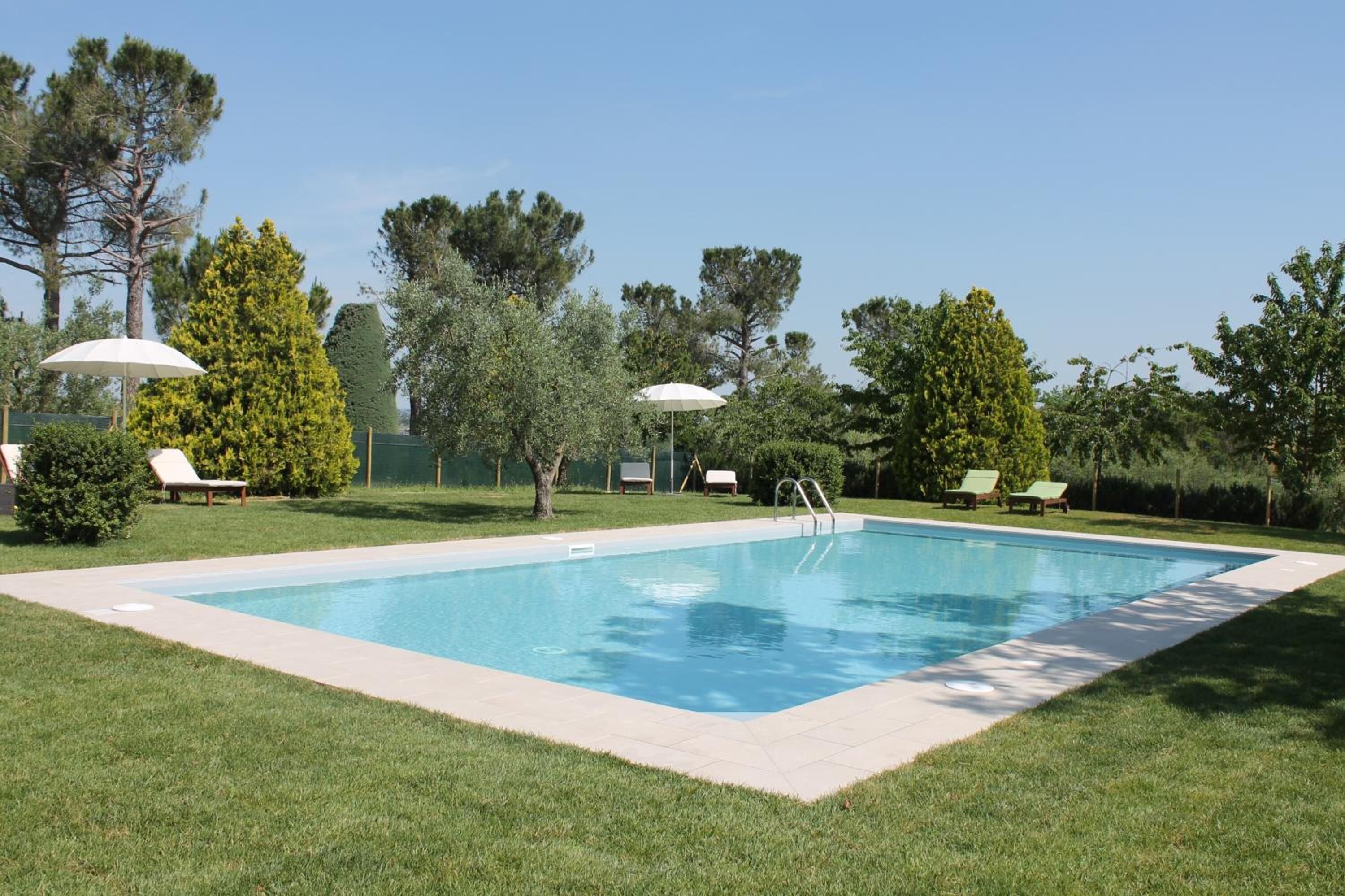 A rectangular swimming pool with a tiled edge, surrounded by a well-maintained lawn and several lounge chairs.