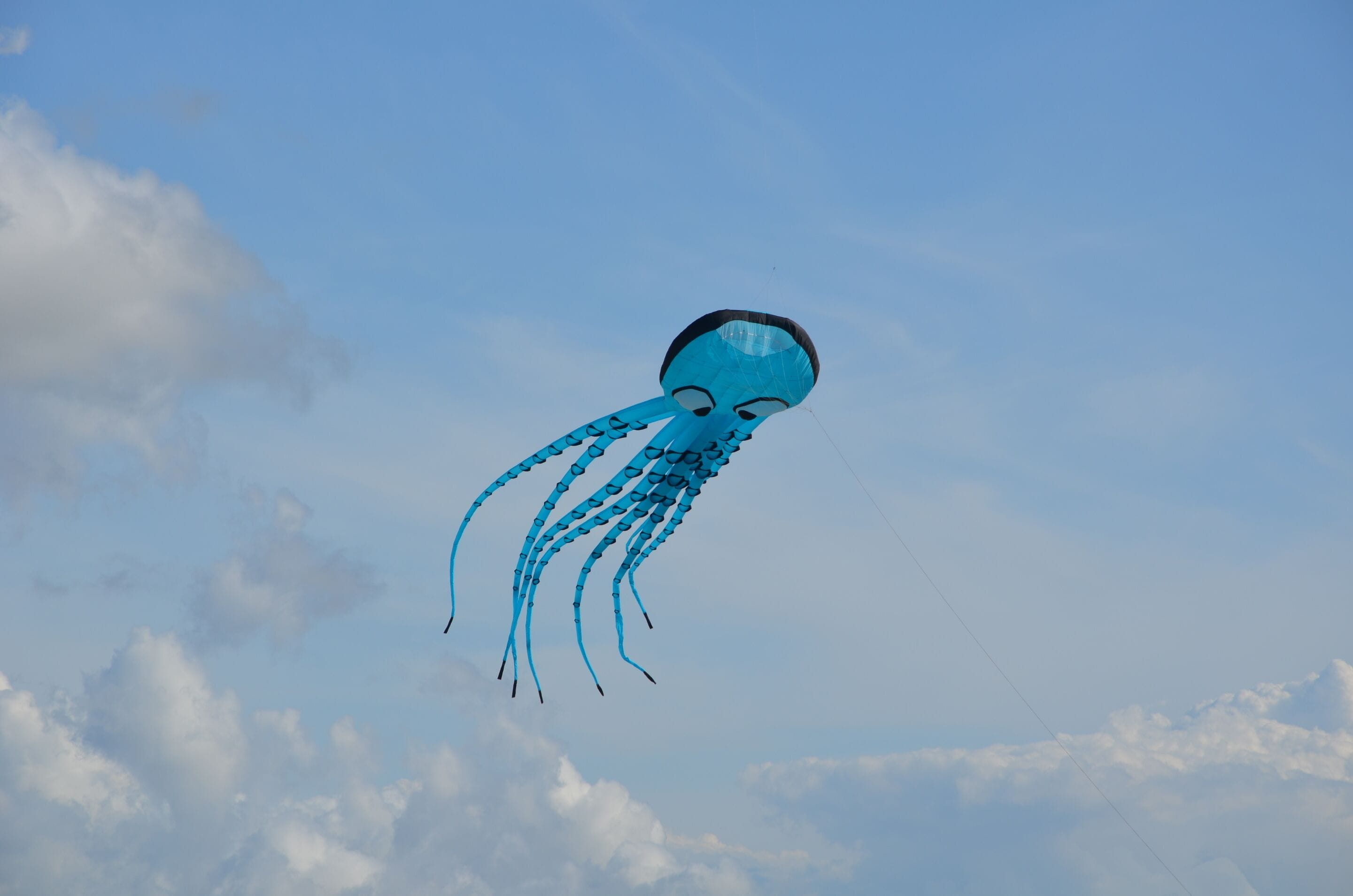 Una cometa azul con forma de pulpo volando en el cielo.