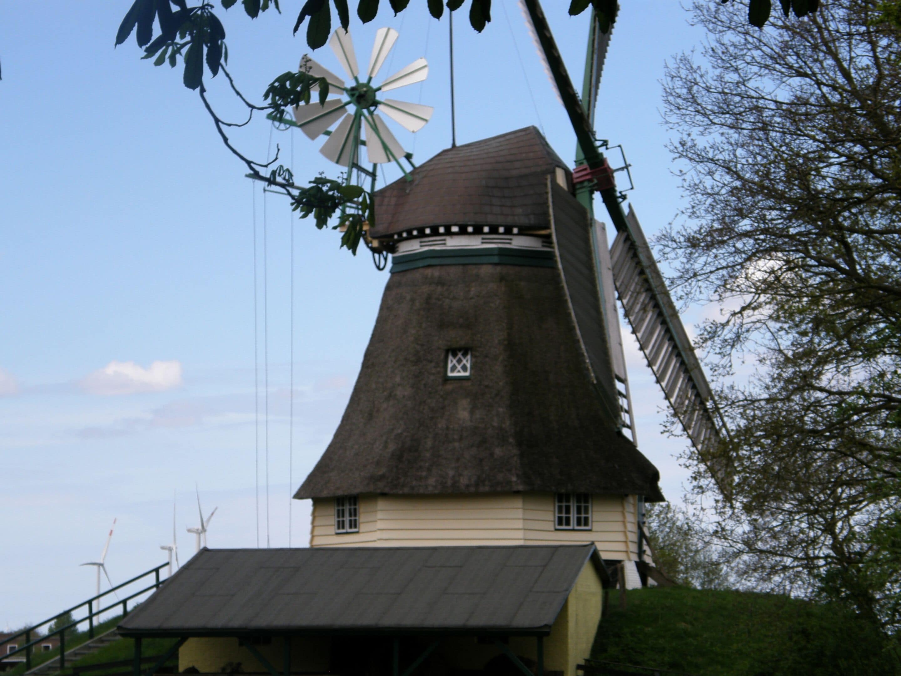 Een windmolen met een traditioneel ontwerp, herkenbaar aan het kegelvormige dak en de windas bovenop.