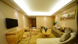 A modern living room with a flat-screen TV, a sofa, a coffee table, and a decorative rug.