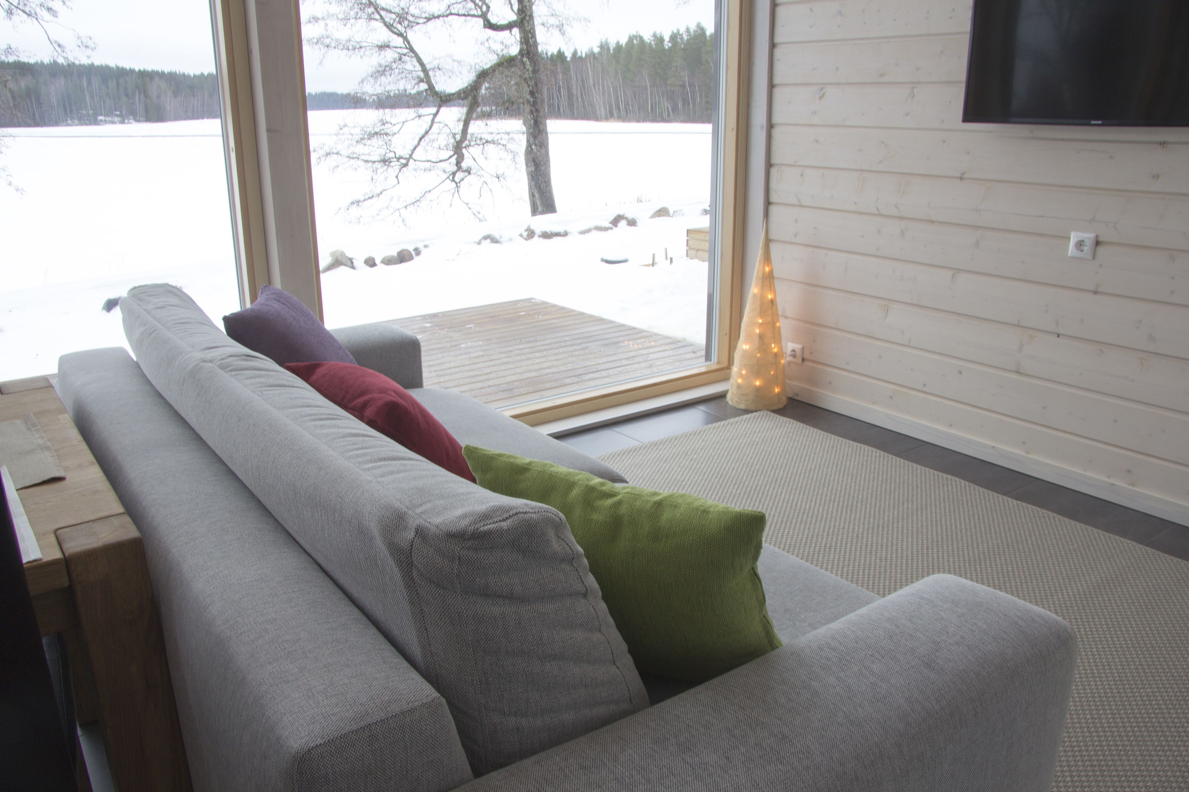 Comfort-huvila, 1 makuuhuone, järvinäköala | Oleskelualue | 50–tuumainen taulutelevisio, jossa satelliittikanavat