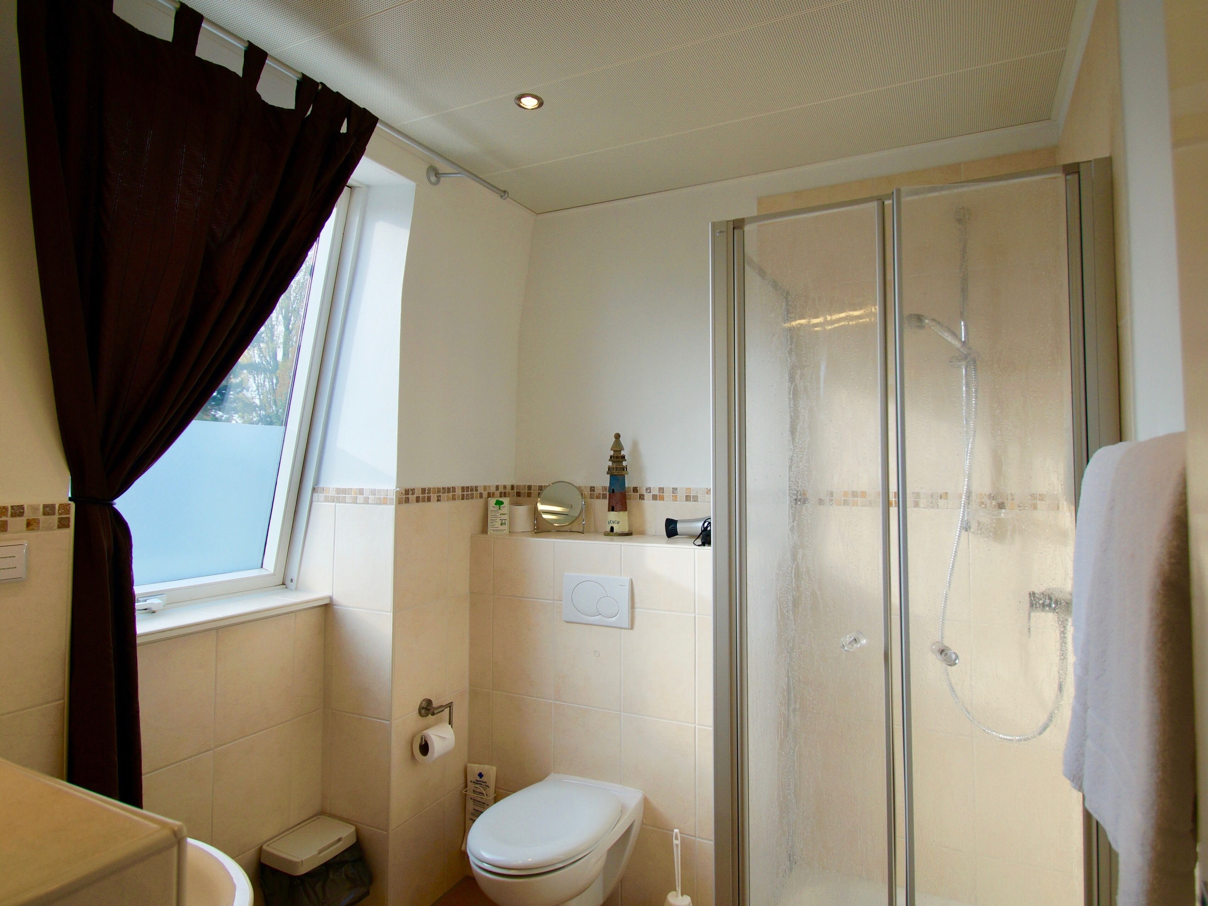 A bathroom with a glass-enclosed shower, a toilet, and a sink.