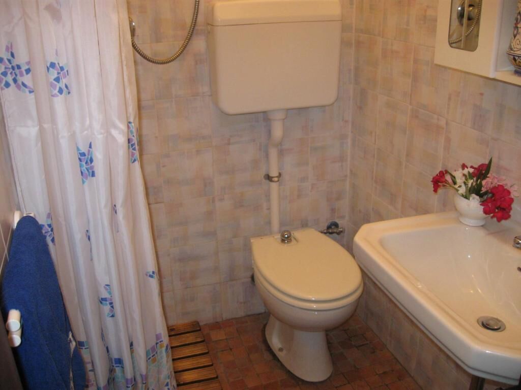 Un bagno con il water, un lavandino e una tenda da doccia.