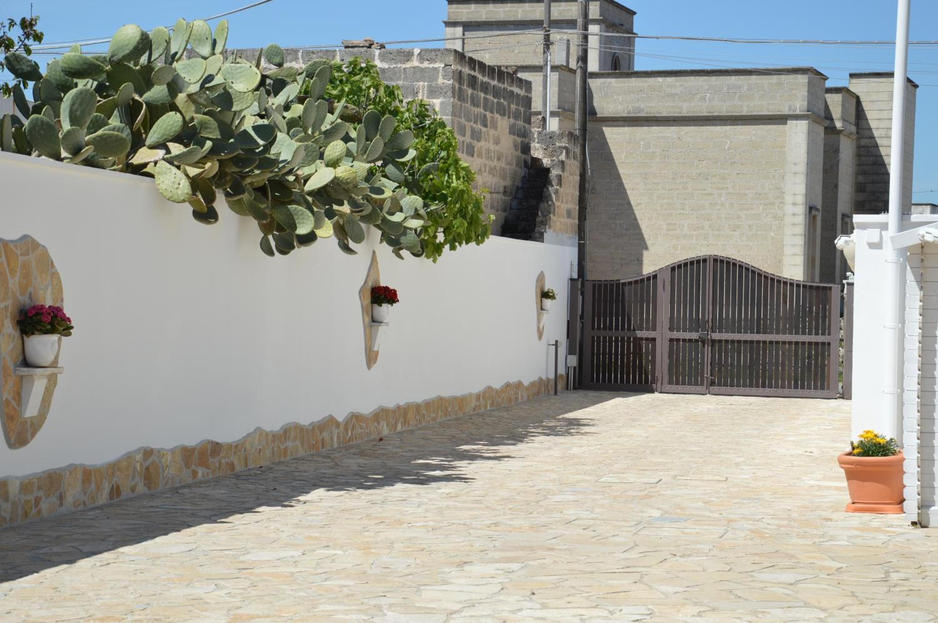A paved pathway leading to a gated entrance, a cactus wall, and a stone wall with potted plants.