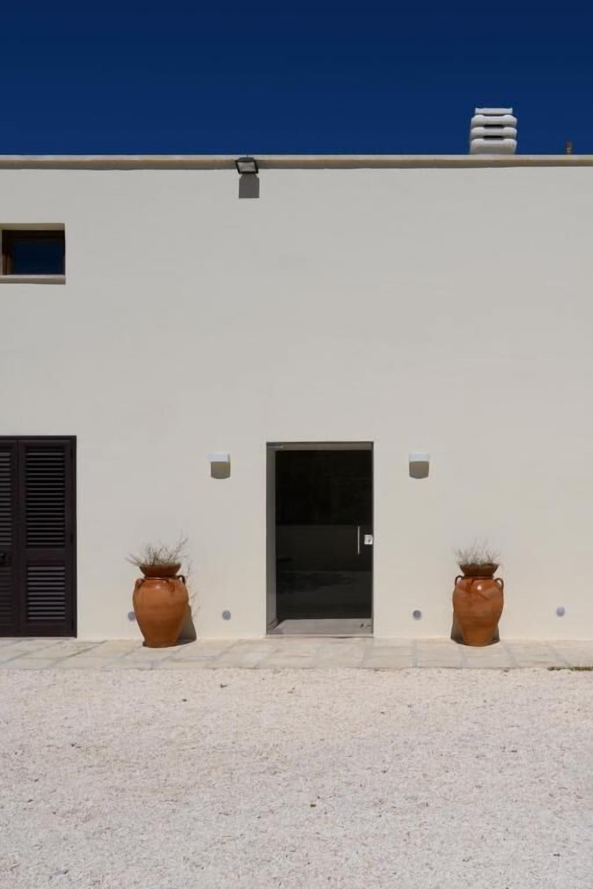 A building with a flat facade, a central entrance, and two potted plants on either side.