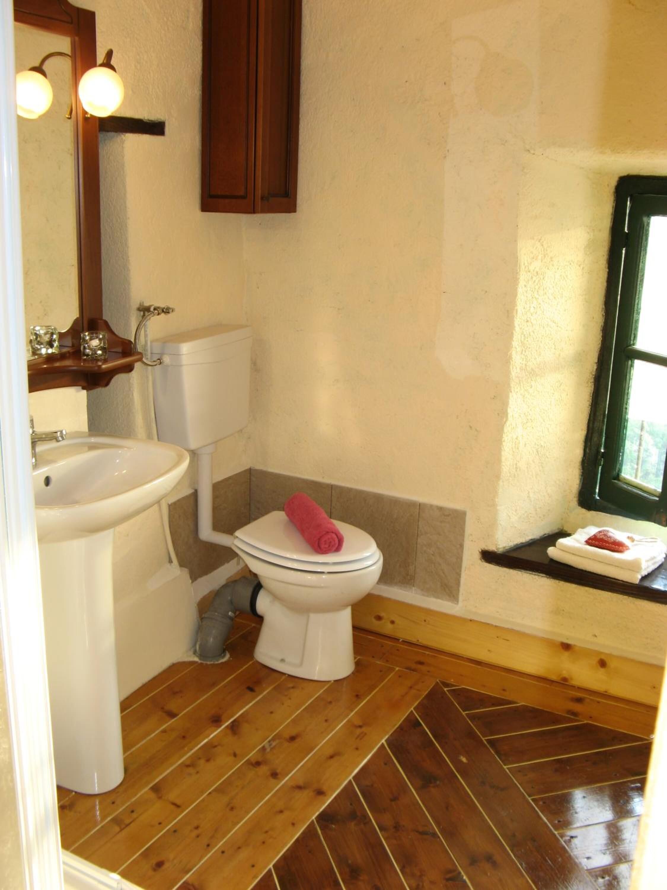 A bathroom with a white toilet, a sink, and a wooden floor.