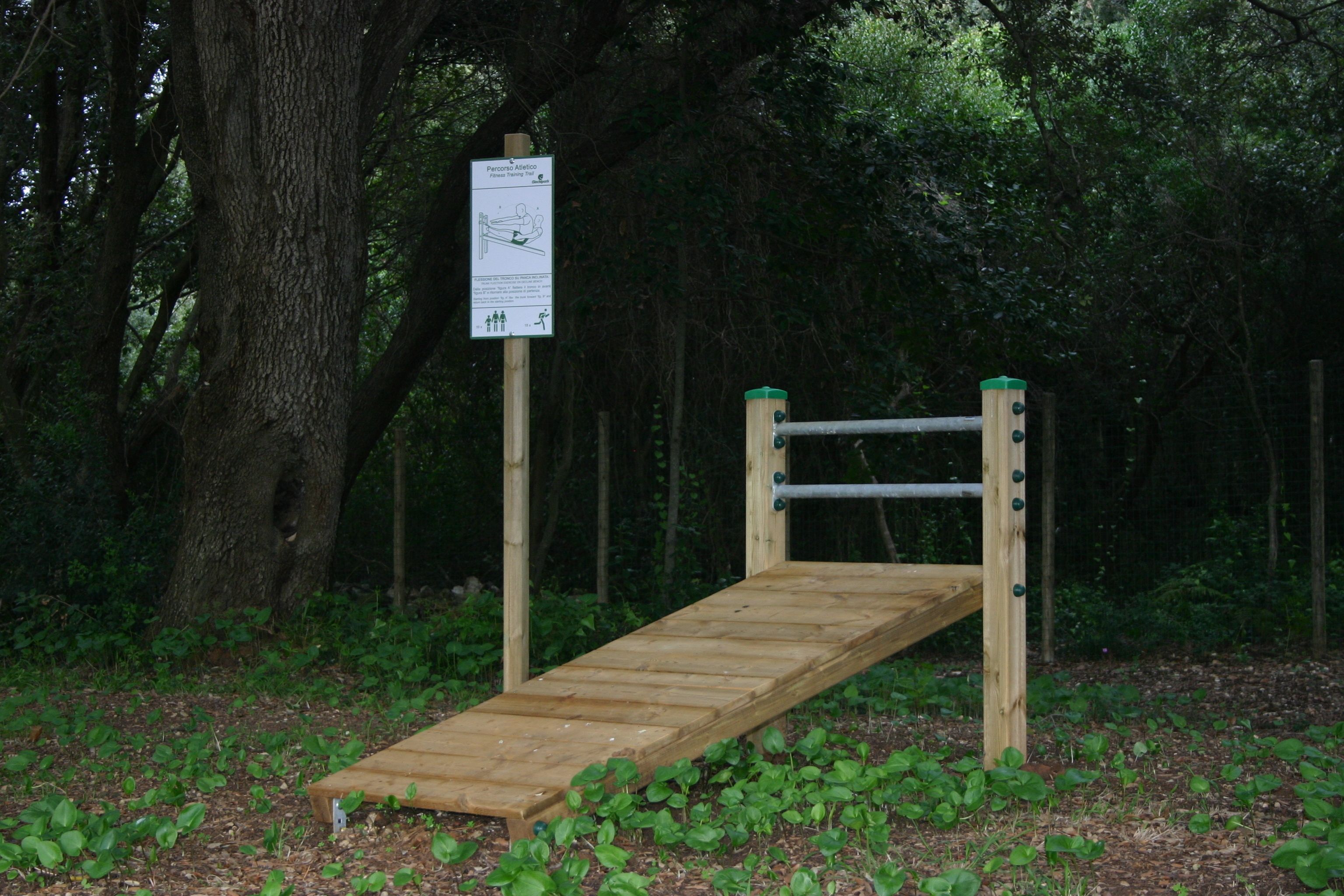 Un banco de madera con estructura metálica, rodeado de follaje y árboles.