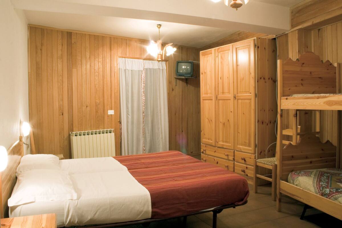 A wooden-paneled room with a bed, a bunk bed, a radiator, and a television.