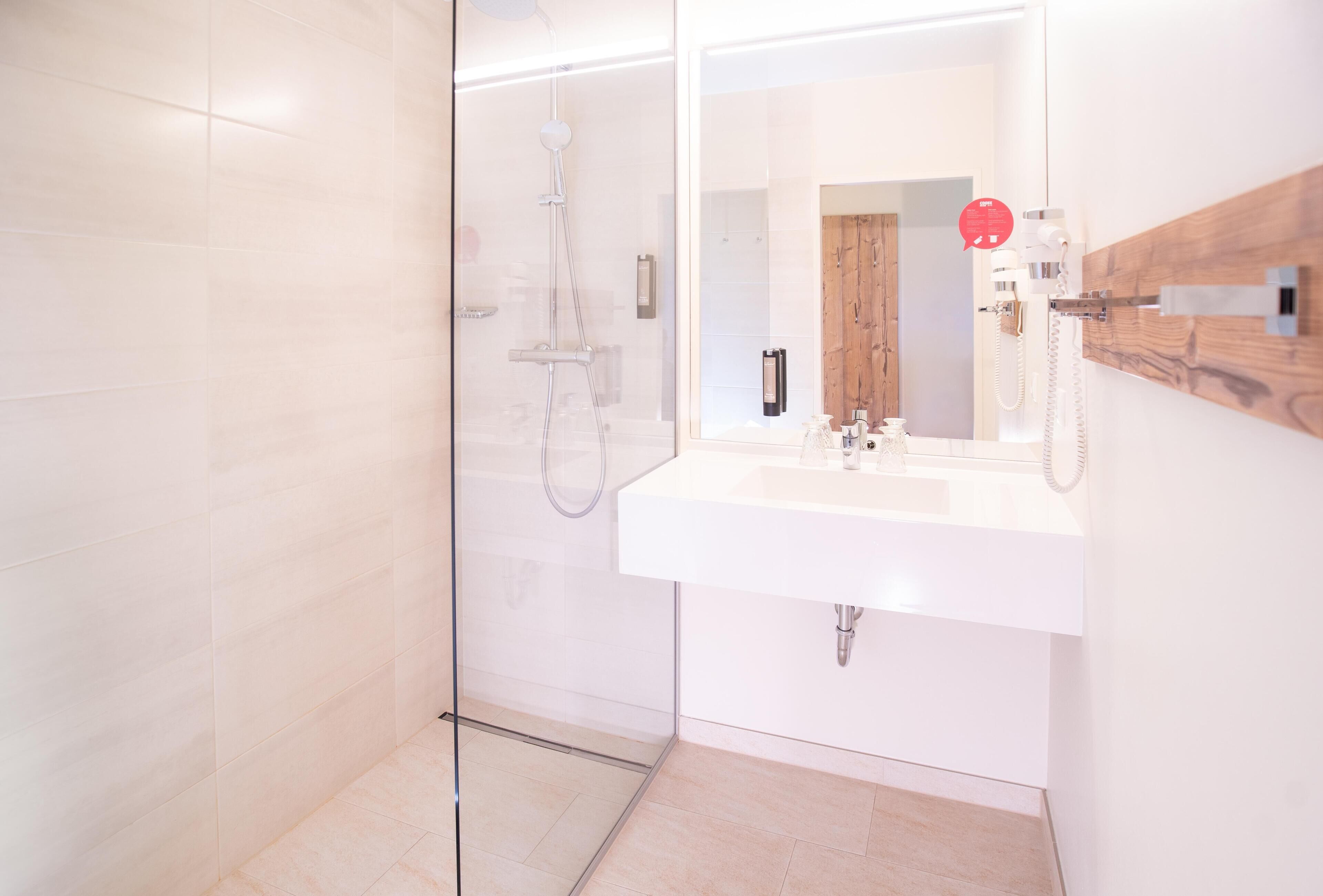 A modern bathroom with a glass shower enclosure, a white sink, and a wooden panel on the wall.