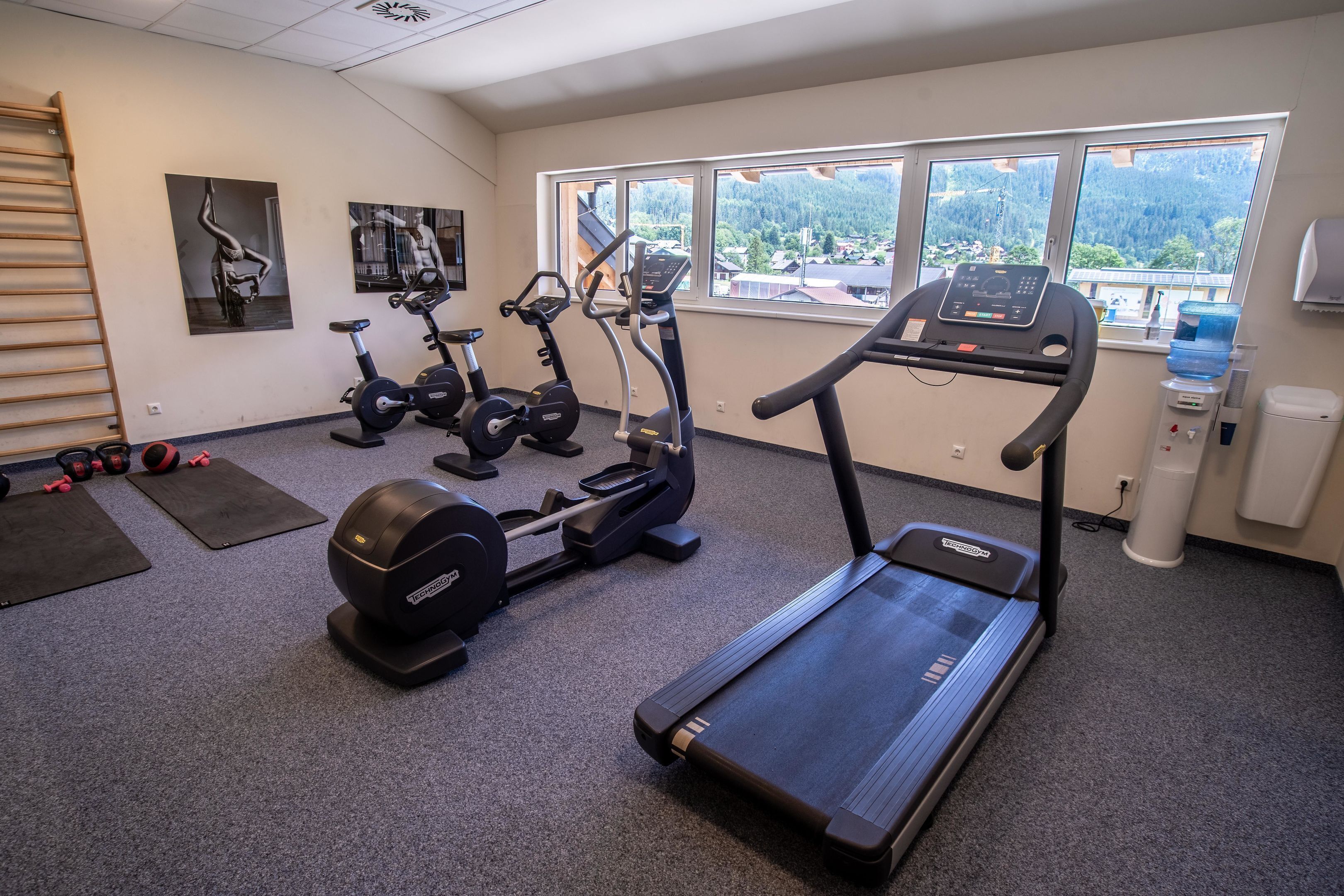 A gym with treadmills, elliptical machines, and free weights.