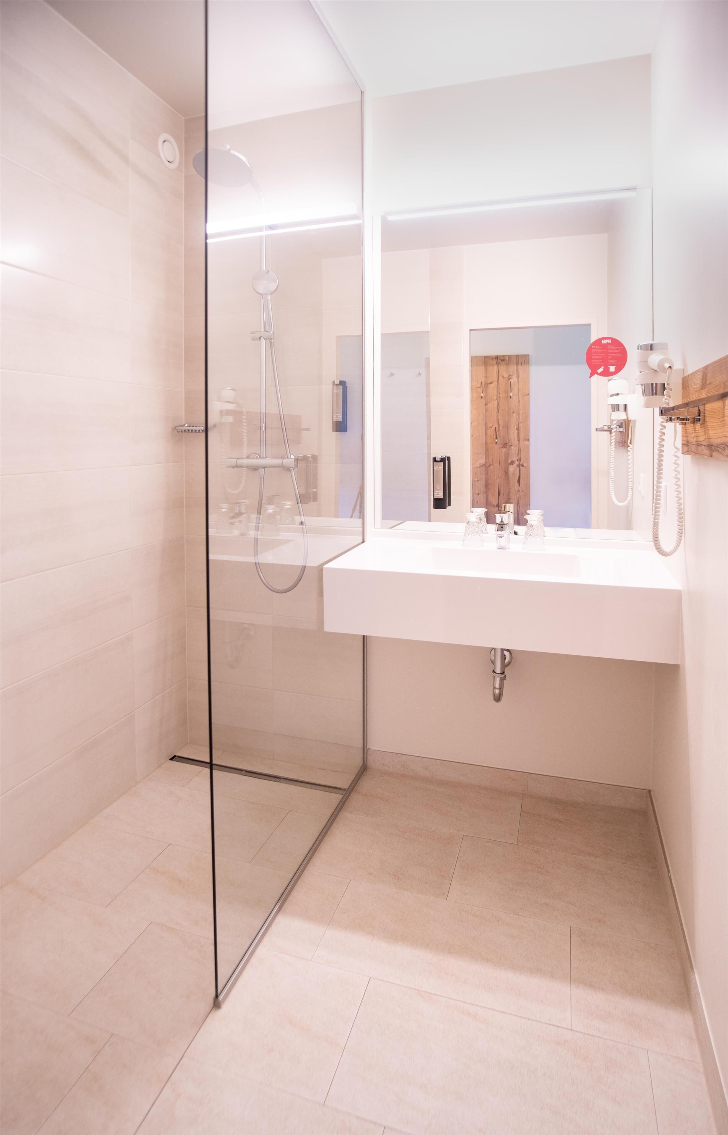 A modern bathroom with a glass shower enclosure, a white sink, and a mirror.