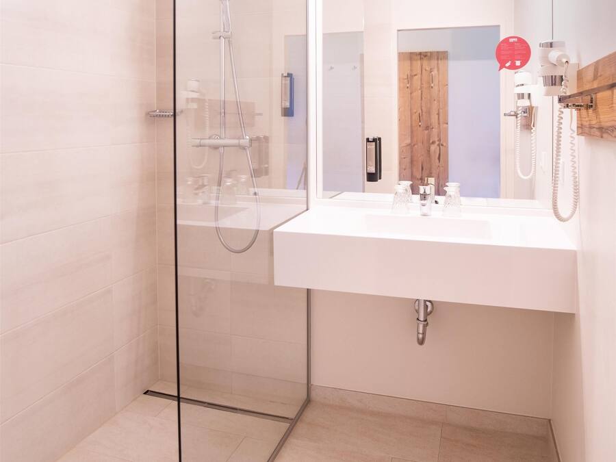 A modern bathroom with a glass shower enclosure, a white sink, and a mirror.