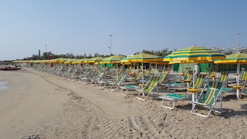 Privatstrand, weiĂer Sandstrand, LiegestĂŒhle, Sonnenschirme