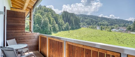 A wooden balcony with a view of a green field and forested hills.