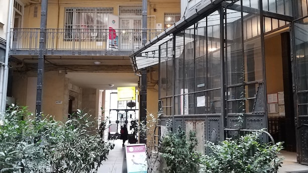 A narrow corridor with a balcony on the left, a large glass door on the right, and greenery in the foreground. - Diamond Astoria (Budapest)