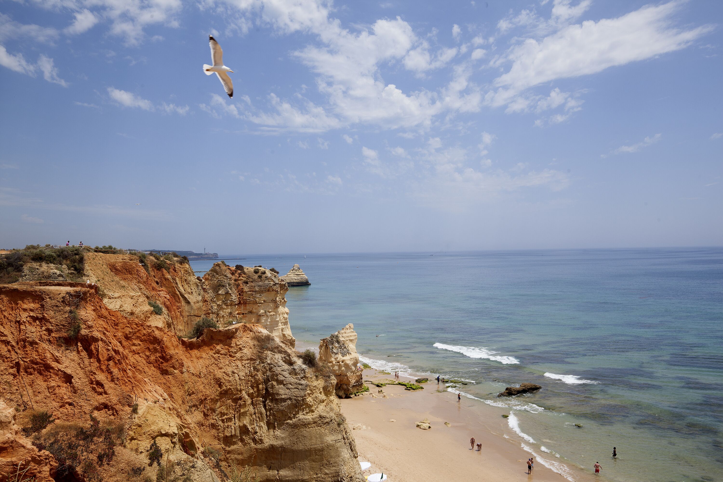 Un paysage côtier avec des falaises, une plage et l’océan.