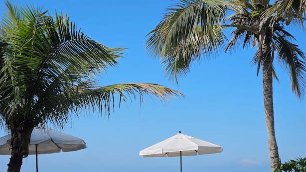 A beachside seating area with umbrellas and a bench overlooking the ocean. - Pousada Pedra da Gaivota (Bombinhas)