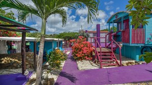 A colorful outdoor area with a purple walkway, a palm tree, and a small staircase leading to a blue building with red accents. - Mammaloes (Santa Cruz)