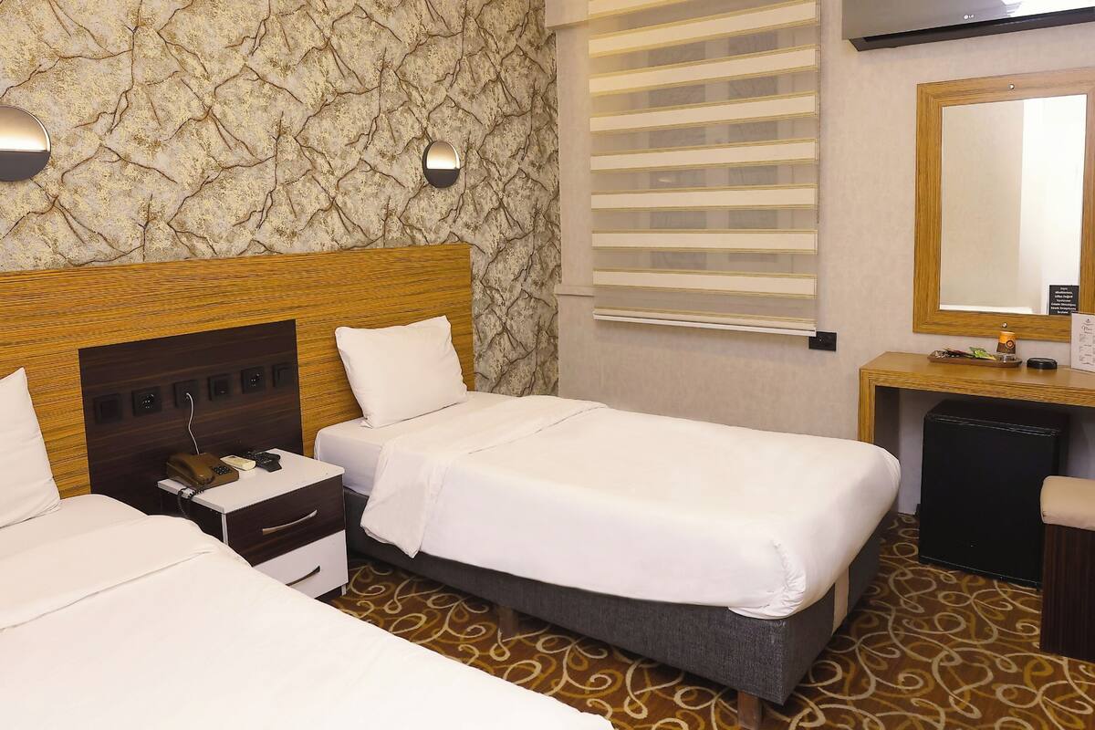 Habitación de hotel con dos camas, cabecero de madera, escritorio con teléfono, espejo y alfombra estampada.