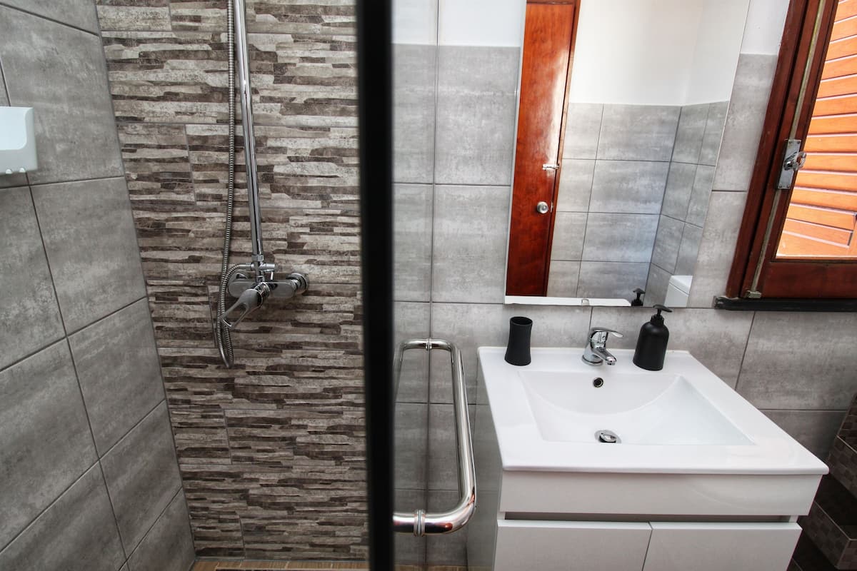 A bathroom with a shower, a sink, and a mirror.