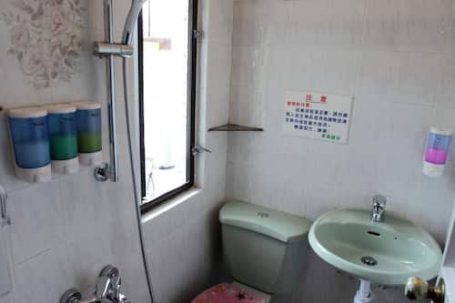 Shower, hair dryer, slippers, towels