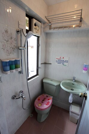 Dusche, Haartrockner, Hausschuhe, Handtücher