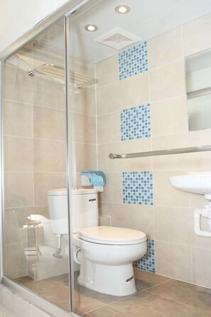 Shower, free toiletries, hair dryer, slippers