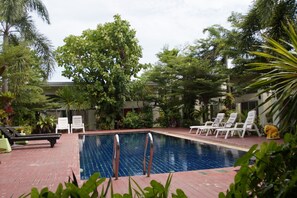Outdoor pool, pool umbrellas, pool loungers