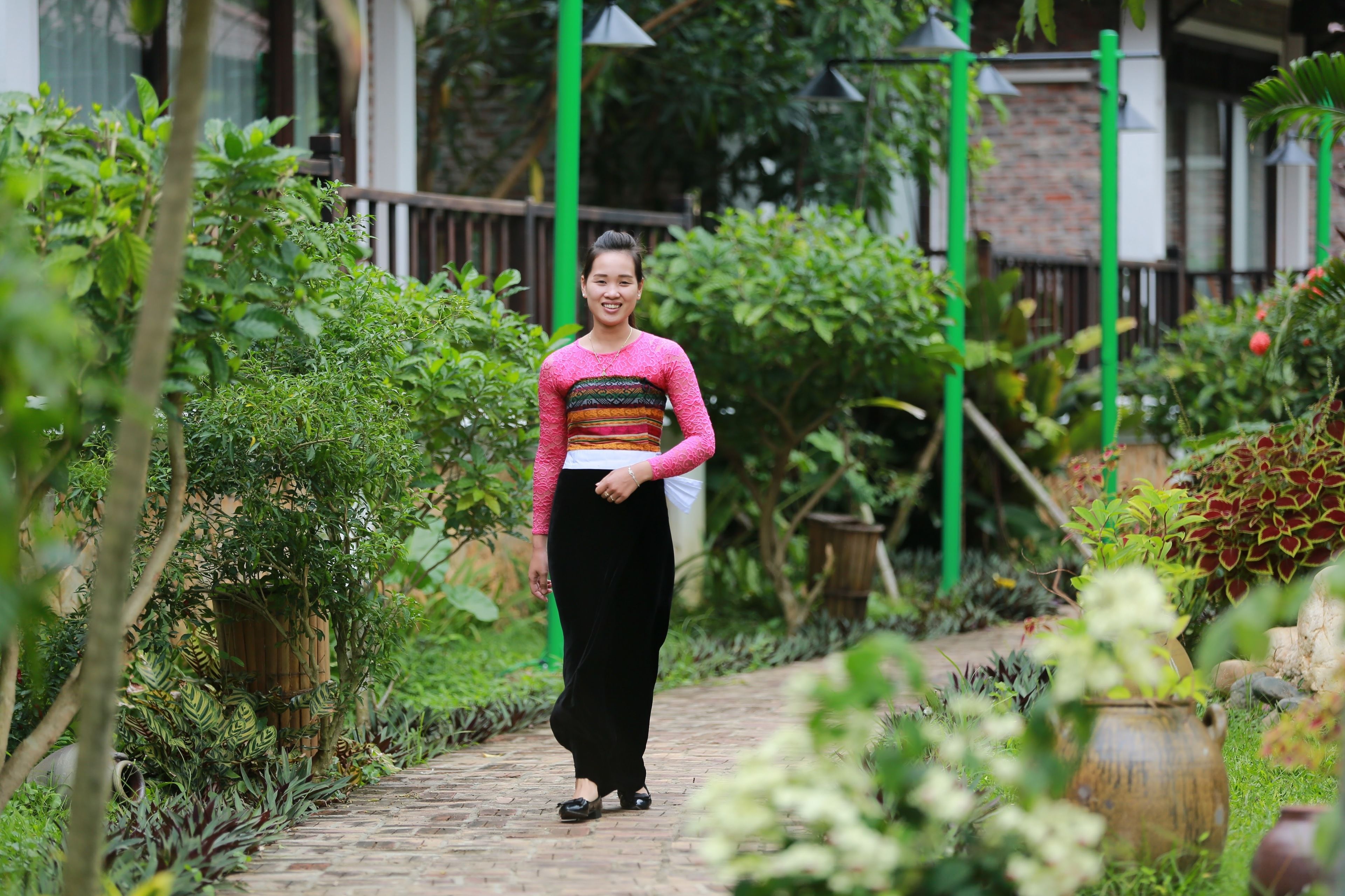 A pathway in a garden with lush greenery and a brick wall on one side.