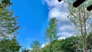 Un espace extérieur paisible, avec un ciel bleu dégagé, une étendue d’eau calme et des pergolas en bois.