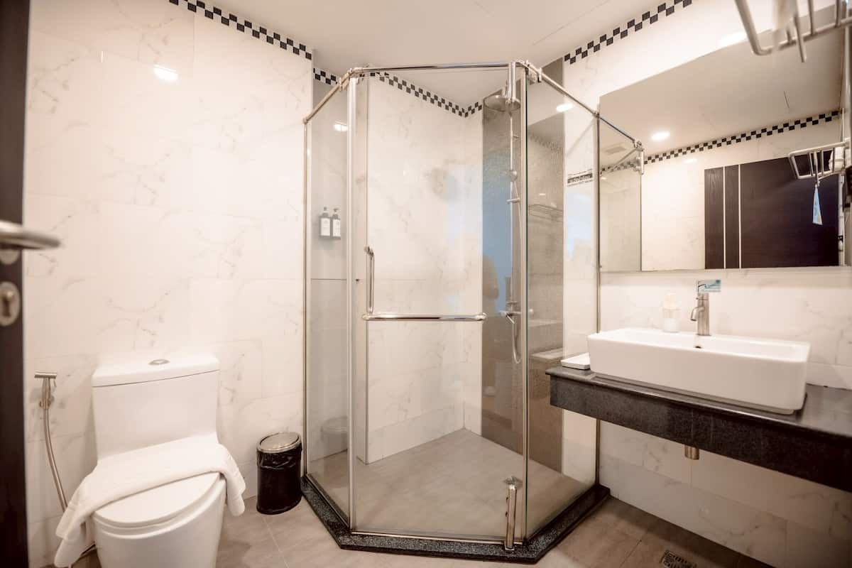 shower, free toiletries, hair dryer, towels