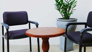 Two chairs with dark cushions, a round wooden table, and a potted plant. - D Plus B&B Negombo (Negombo)
