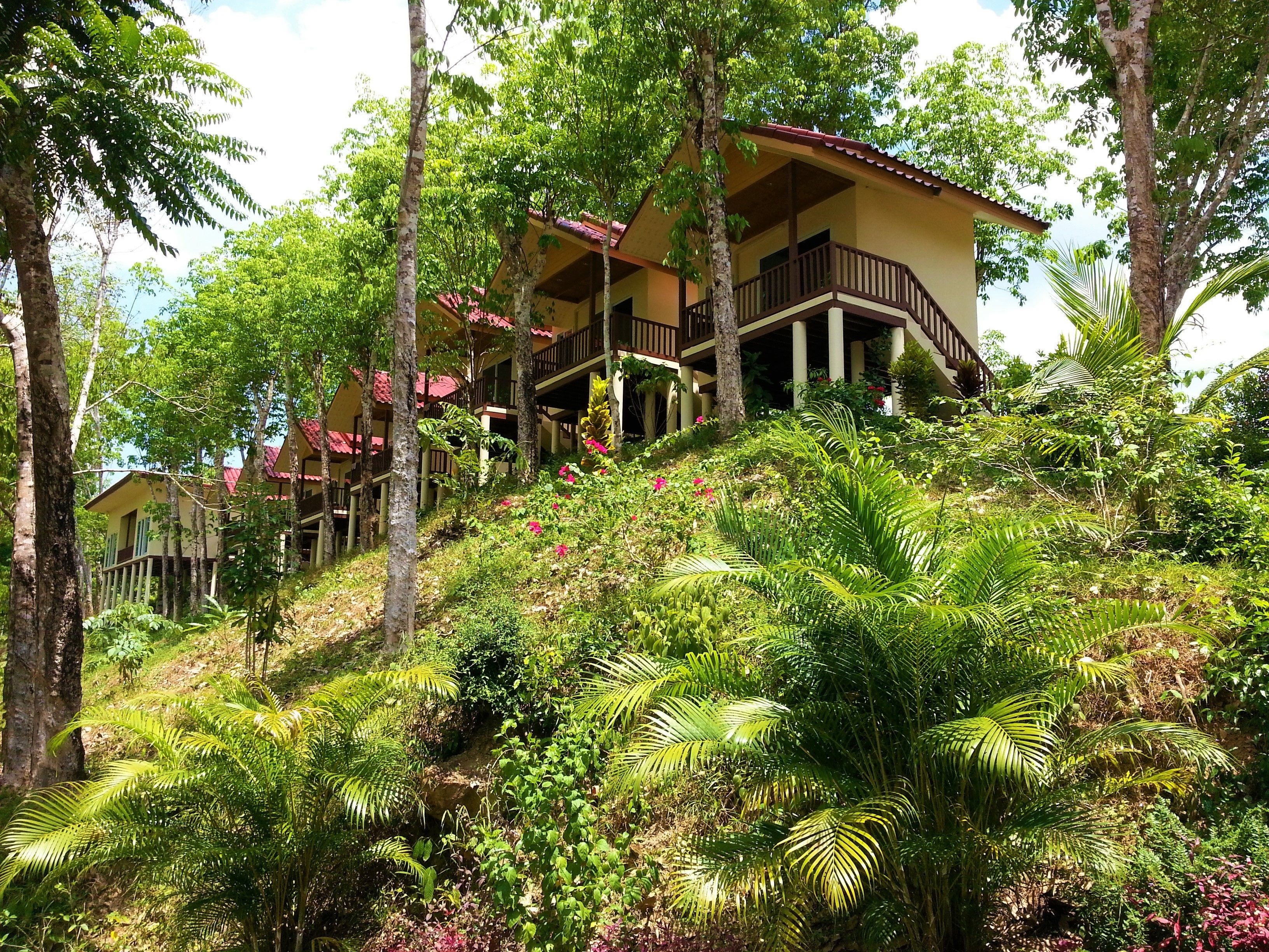 Un edificio a più piani con balconi, immerso nel verde e circondato da piante tropicali.