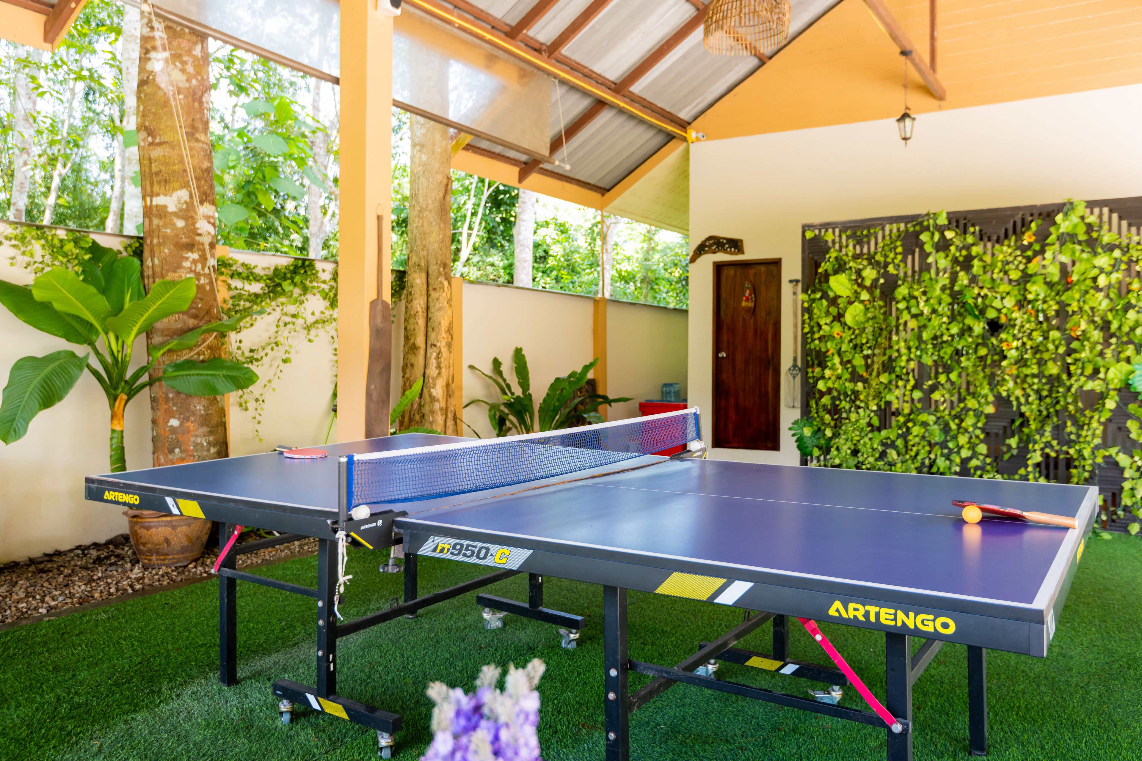 A ping pong table with ARTENGO branding, surrounded by indoor plants and a wooden door.