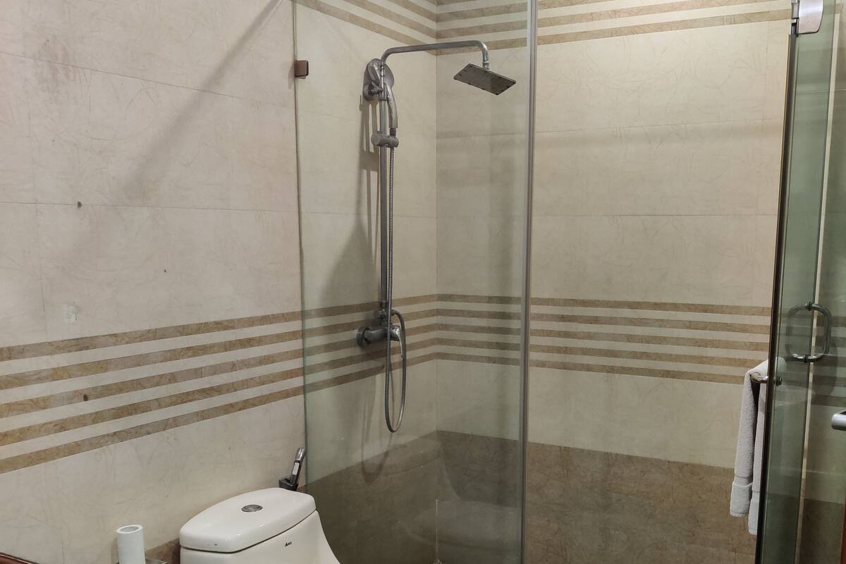 A bathroom with a glass-enclosed shower, a white sink, and a toilet.