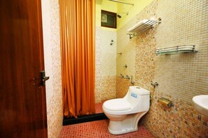 A bathroom with a toilet, shower, and a tiled wall.