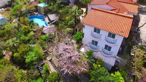 Um edifício de vários andares com telhado de telhas vermelhas, rodeado por vegetação exuberante e uma piscina.