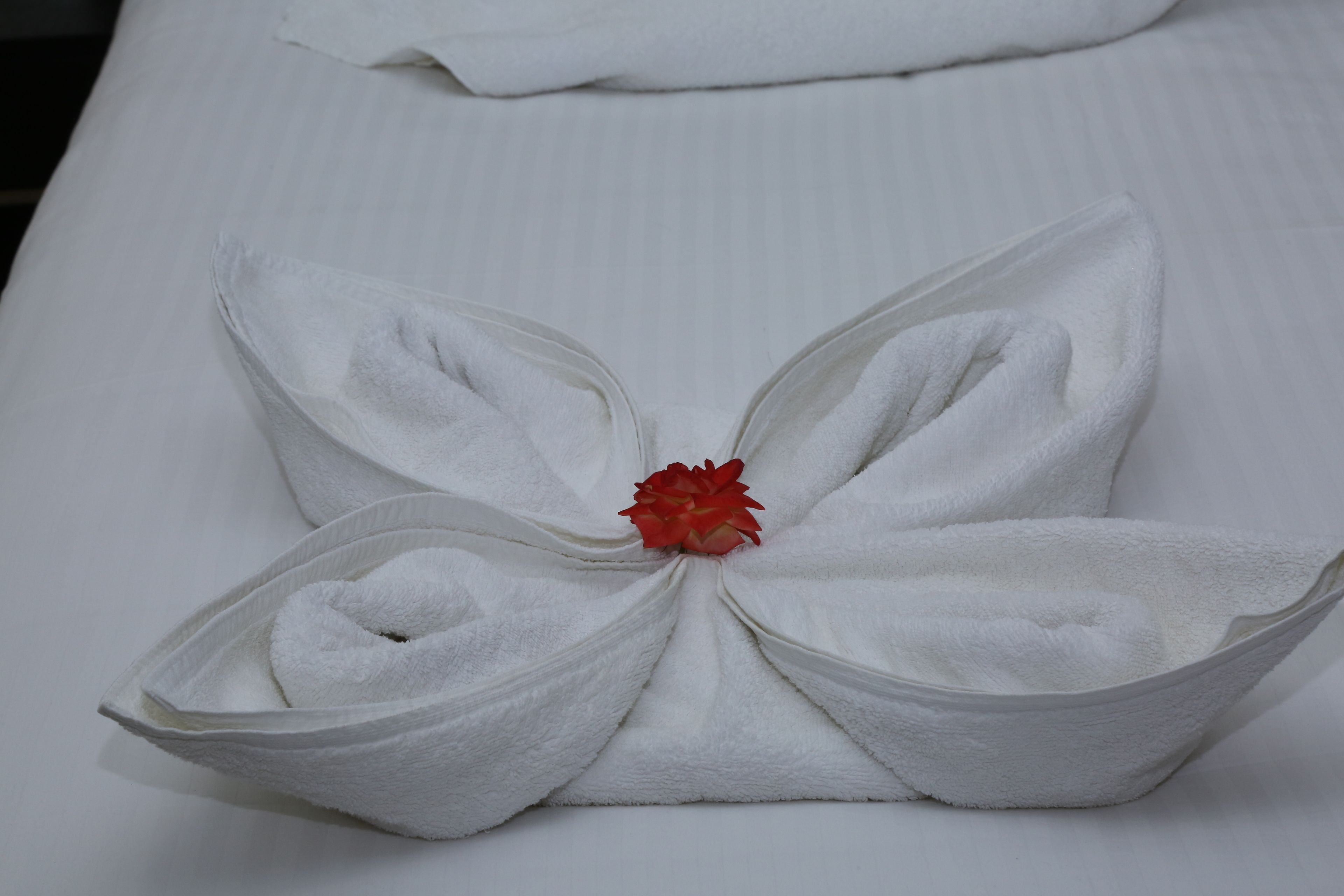 Una toalla doblada con un detalle de flor roja en el centro, sobre una superficie blanca.