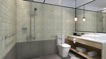 Shower, rainfall showerhead, free toiletries, hair dryer