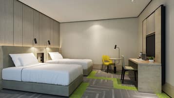 A modern hotel room with two beds, a desk, a chair, and a large mirror.