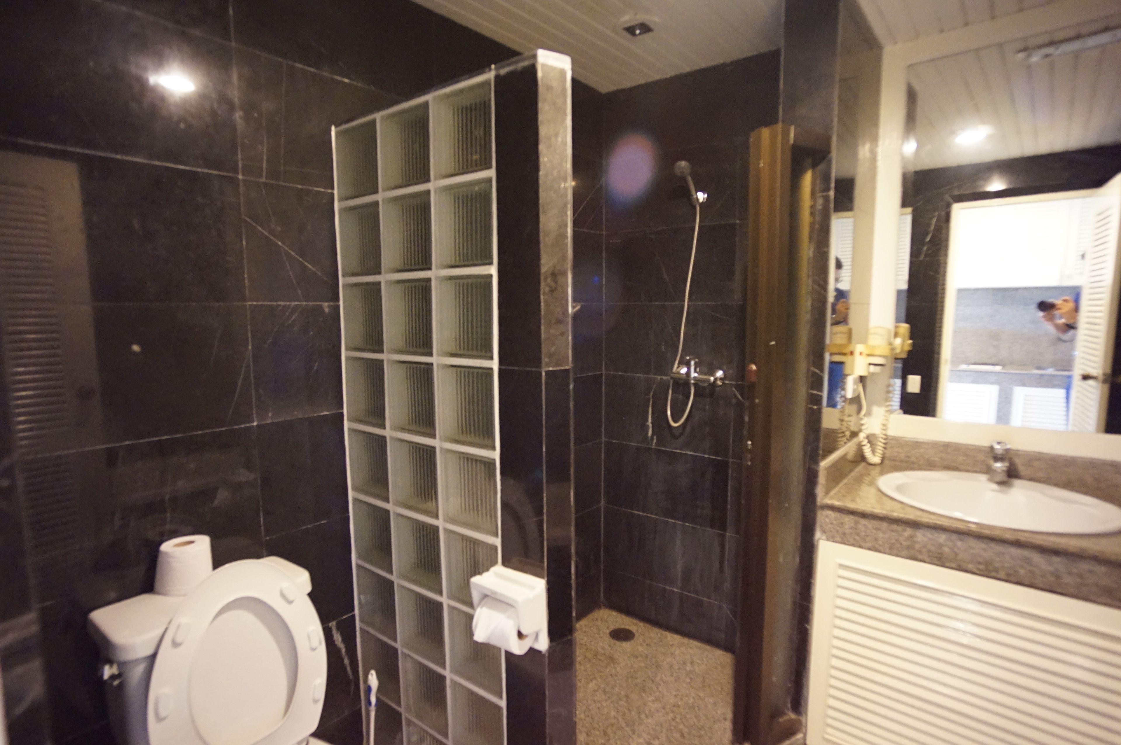 A bathroom with a toilet, a glass shower enclosure, a sink, and a mirror.