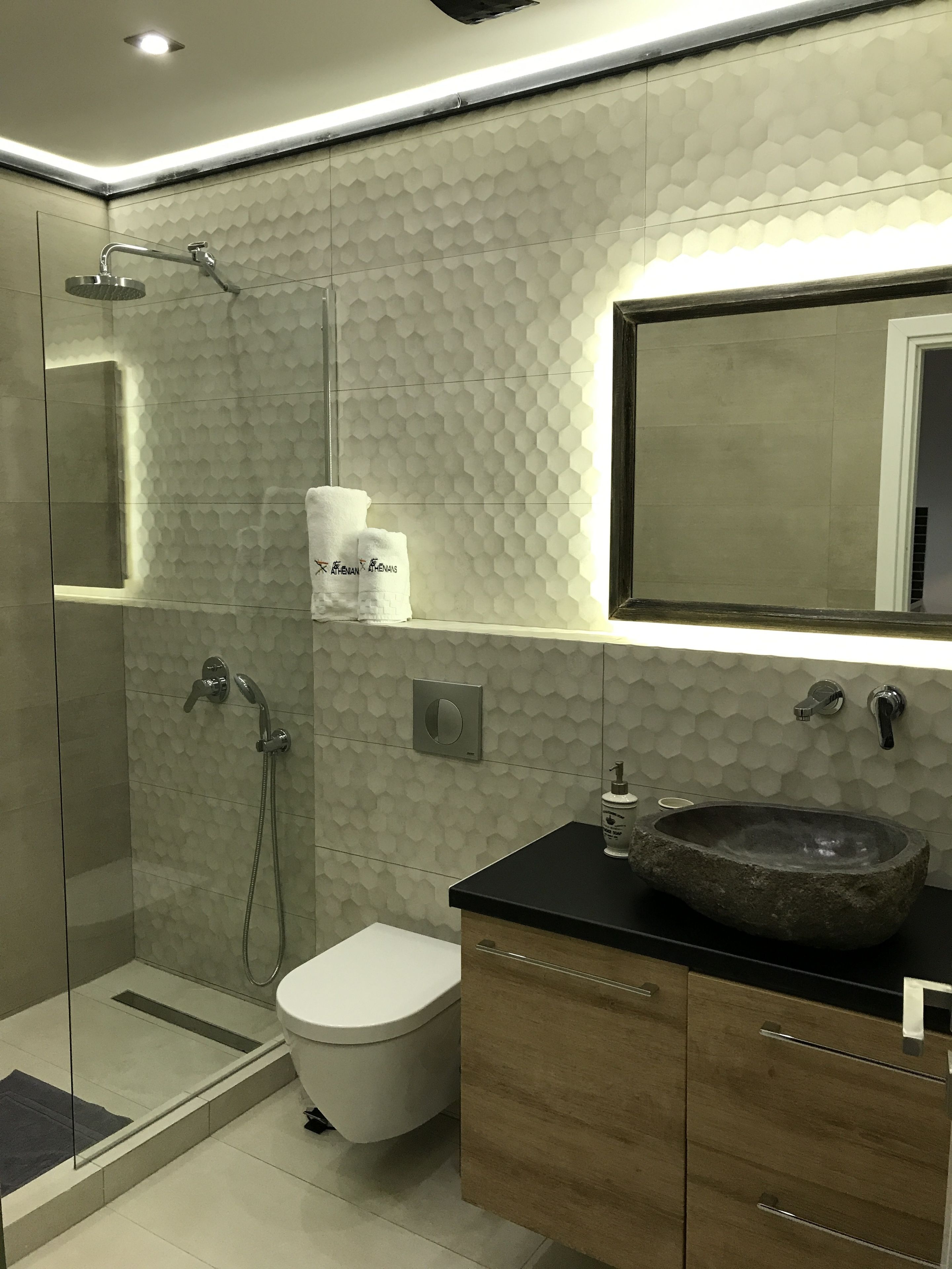 A modern bathroom with a glass-enclosed shower, a toilet, and a sink with a stone basin.