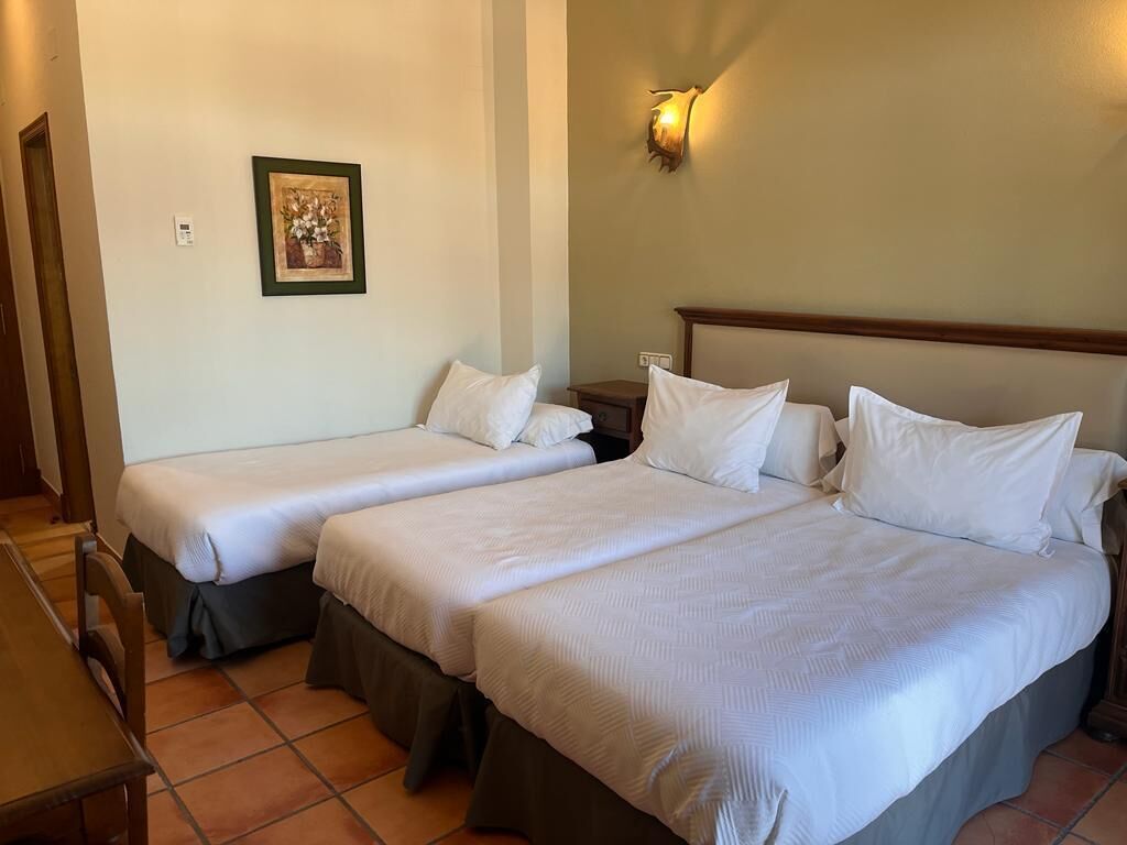 A hotel room with two beds, a wooden nightstand, a framed picture on the wall, and a wall-mounted light fixture.