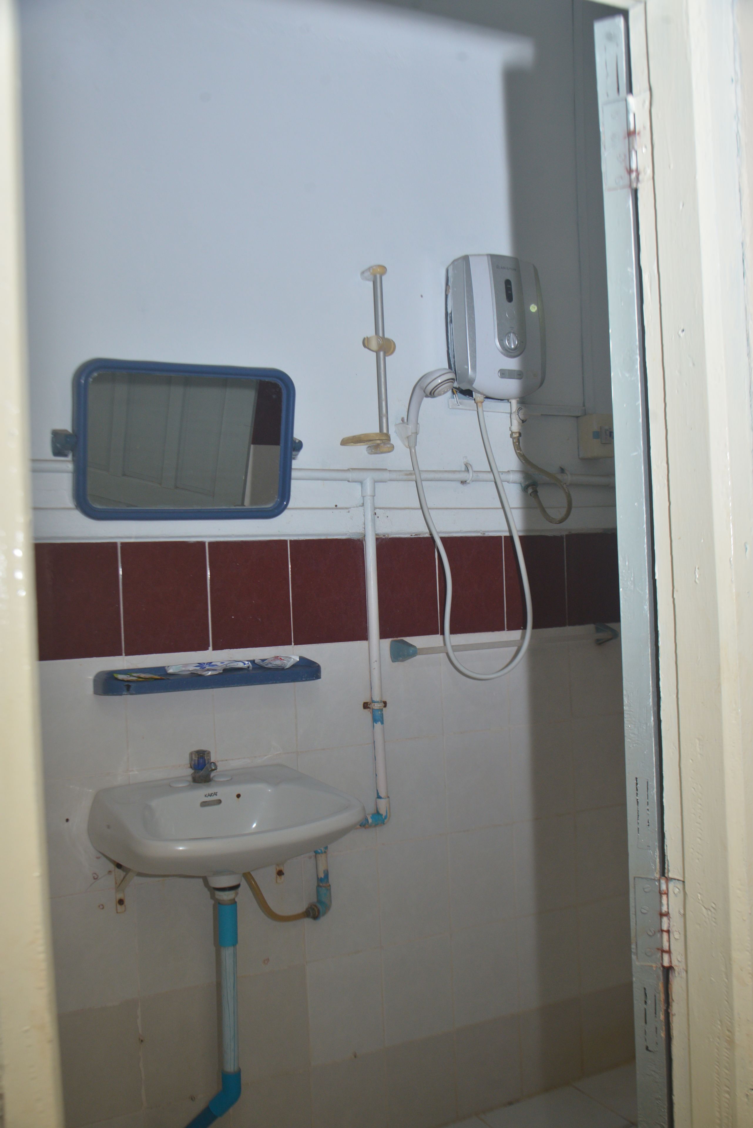 Baño con lavamanos, espejo y cabezal de ducha de mano.
