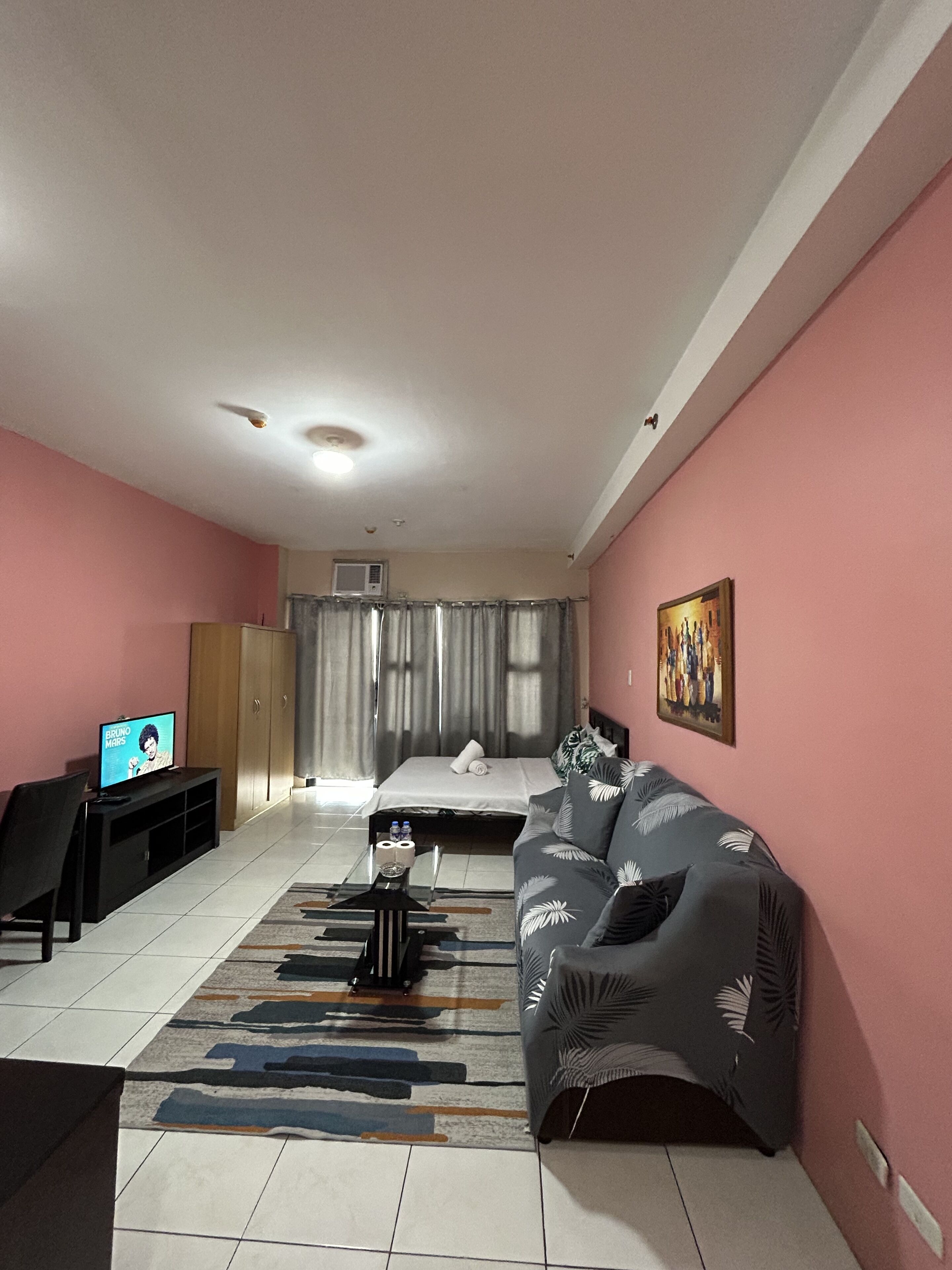 Una habitación con una cama, un sofá, un televisor y un cuadro en la pared.
