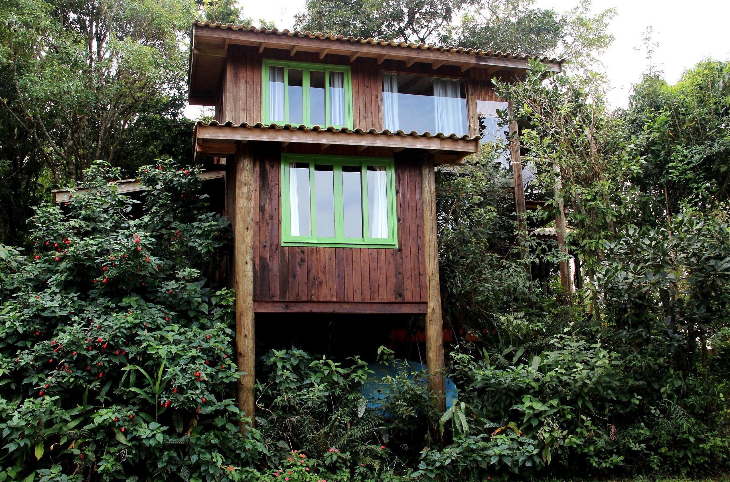 A wooden house with a balcony, surrounded by dense foliage.