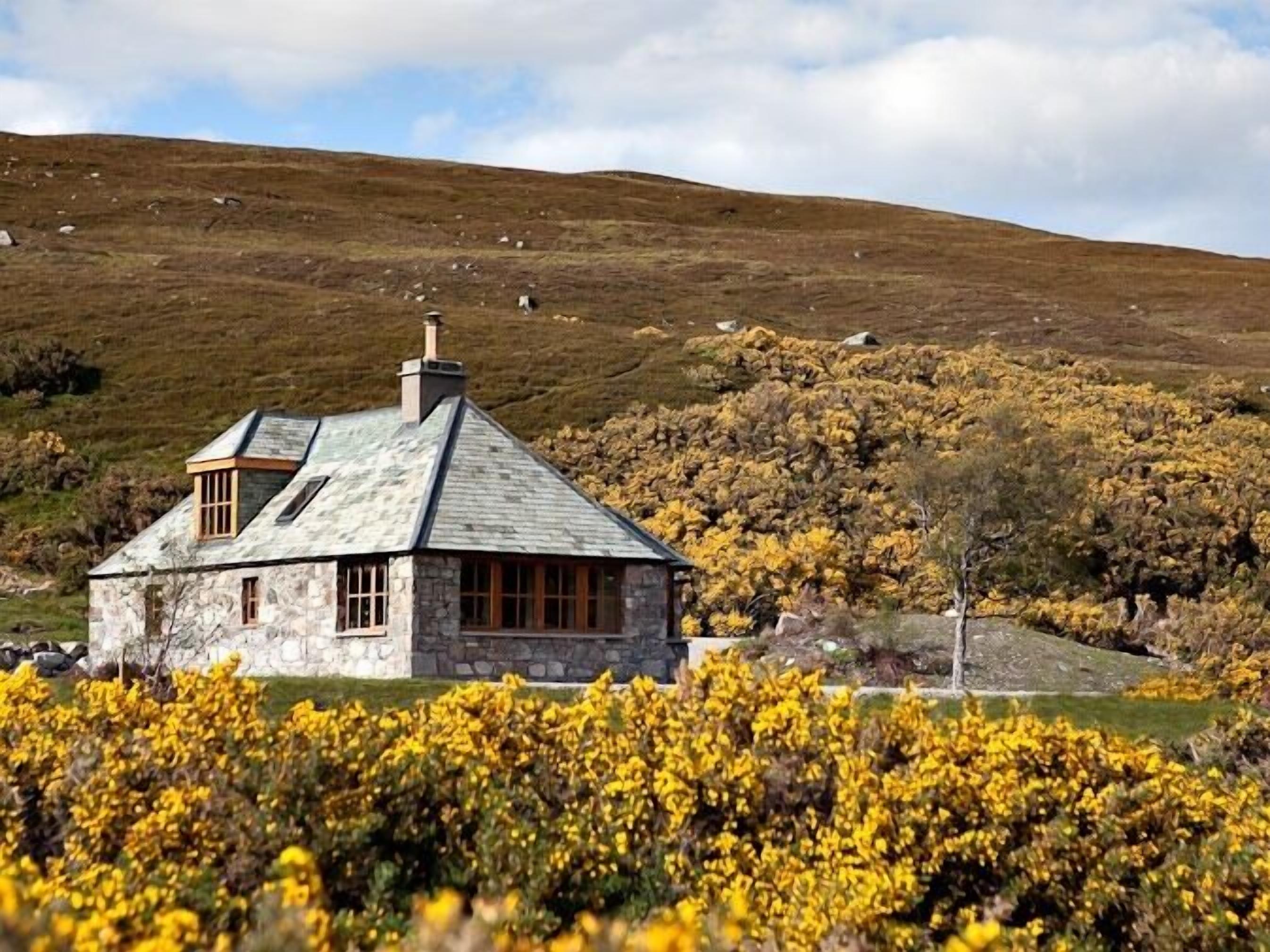 A stone house with a sloped roof and a chimney, surrounded by yellow flowering bushes and a hilly landscape in the background.