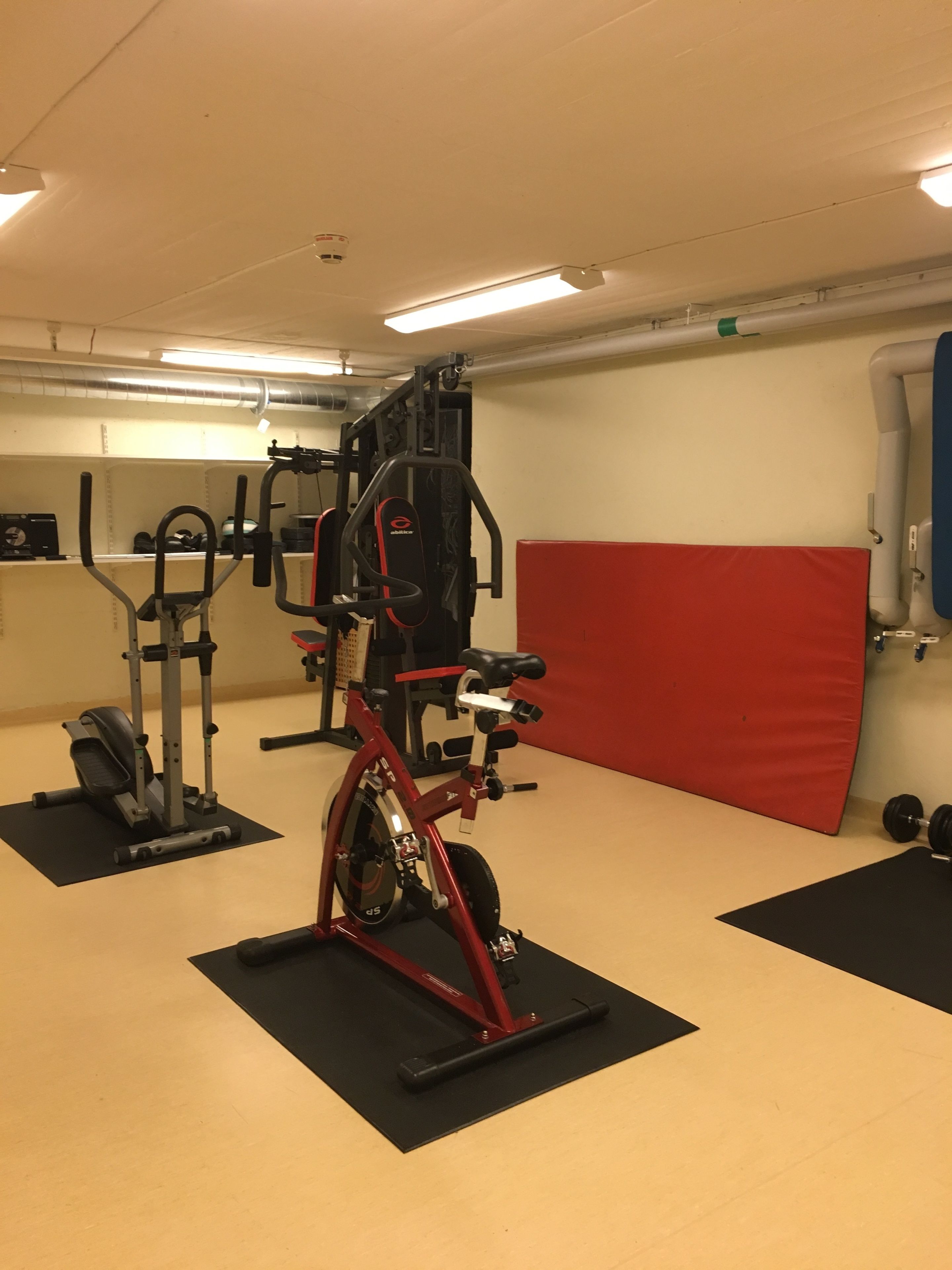 Un gimnasio con equipo de ejercicio, incluyendo una bicicleta estática, una cinta de correr y máquinas de pesas.