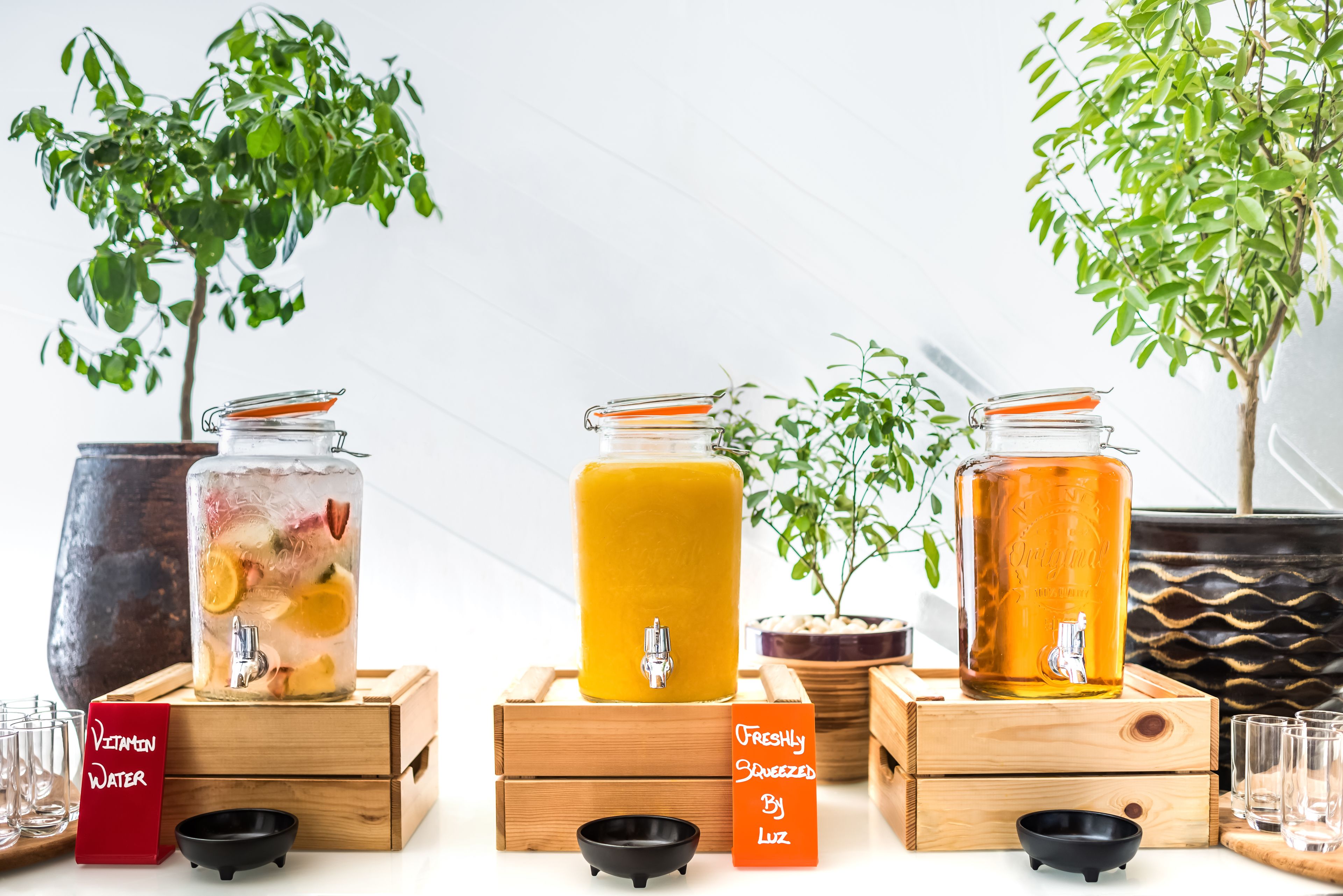 Three glass dispensers with wooden bases, each labeled with a different beverage name.
