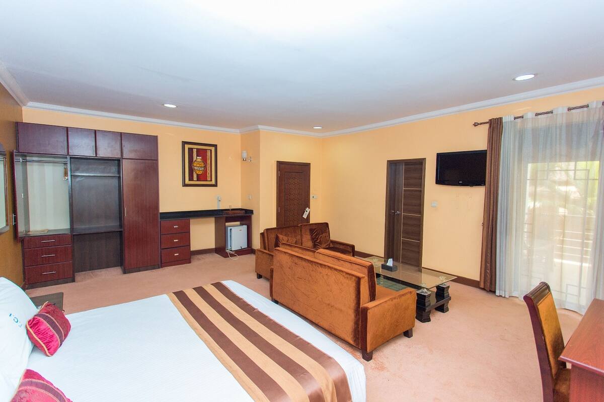 A hotel room with a bed, a sofa, a desk, a television, and a wardrobe.